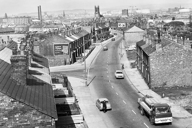 A rooftop view along Poolstock Lane towards Wigan town centre in April 1972.