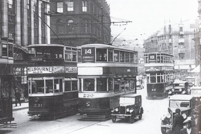 Leeds tramcars - numbers 331, 230 and 22  - on Duncan Street.