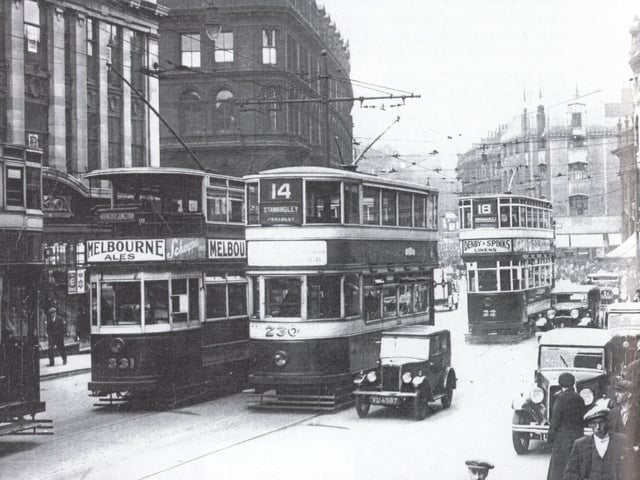 Leeds tramcars - numbers 331, 230 and 22 - on Duncan Street in 1936.