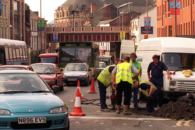 Repairs were underway after a water main burst at the junction of Briggate and Duncan Street.