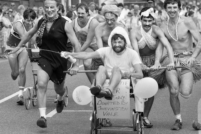 The pram race gets under way at Shevington Carnival on Saturday 28th of June 1986.