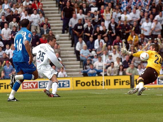 David Nugent fires Preston North End into the lead against Derby County at Deepdale on May 15, 2005