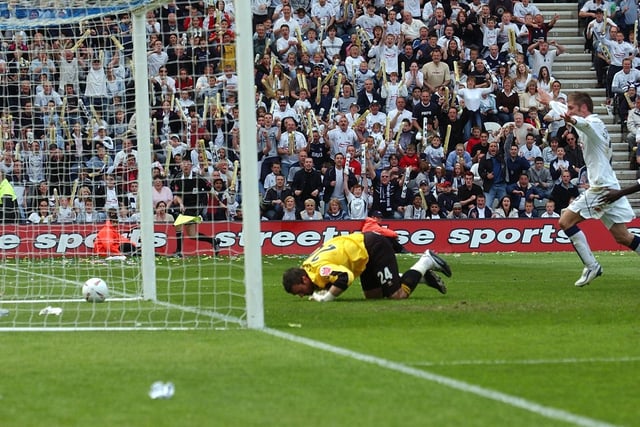 Richard Cresswell scores North End's second goal late on against Derby