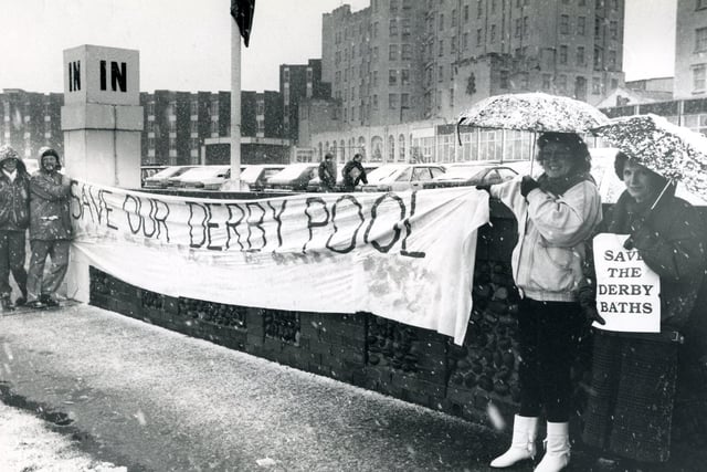 Campaigners trying to save Derby Baths with their banners outside the Norbreck Castle Hotel in January 1988
