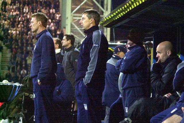 PNE manager David Moyes and his assistant Kelham O'Hanlon watch the drama against Birmingham from the dug out