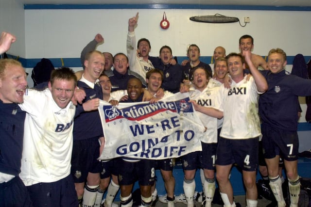 The PNE squad celebrate in the dressing room after beating Birmingham on penalties at Deepdale