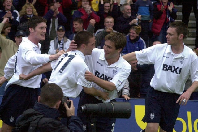 David Healy is congratulated by Jon Macken, Iain Anderson and Graham Alexander after giving PNE the lead against Birmingham