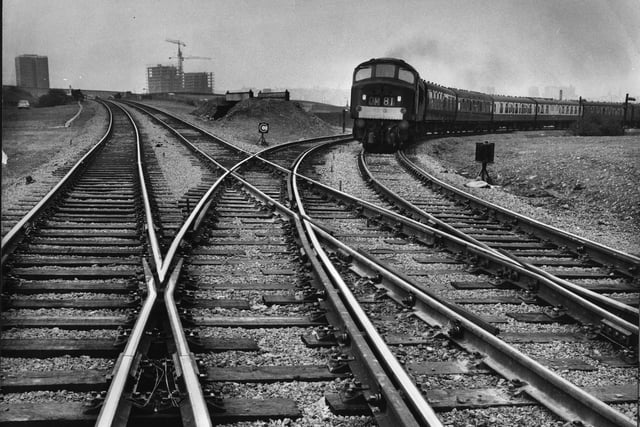 The new Gelderd Curve in May 1967. The track on the left had to be lowered six feet and diverted from the bridge seen in the background. The track on the right was raised 12ft and moved sideways to make the connection.
