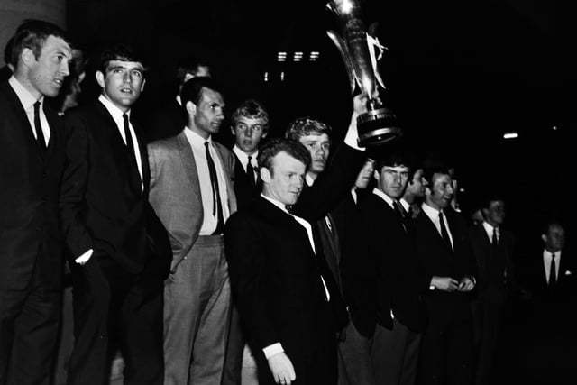 Scenes on the steps of the Civic Hall after the team arrived in an open topped coach carrying the Inter Cities Fairs Cup.