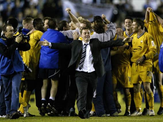 Preston North End manager Billy Davies leads the celebrations after the Lilywhites reach the play-off final in May 2005