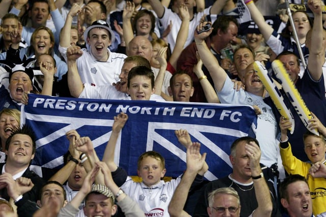 PNE supporters in the away end at Derby County's Pride Park ground for the play-off semi-final in May 2005