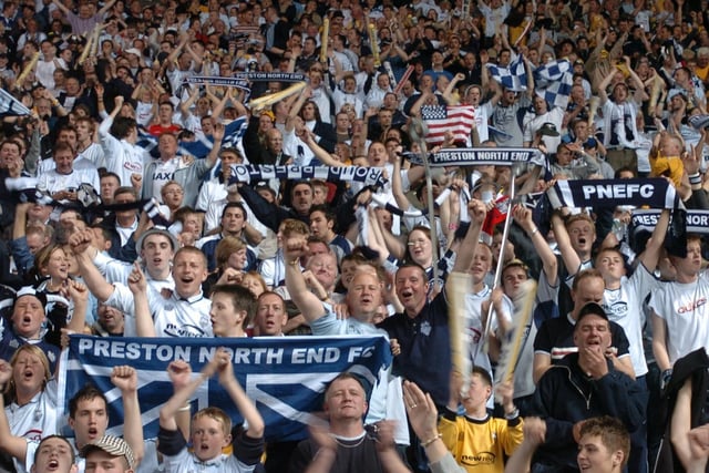 North End fans roar their support from the away section at Pride Park in May 2005