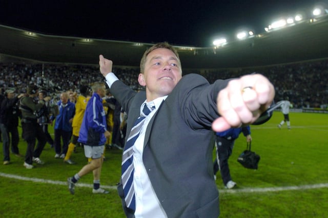 PNE boss Billy Davies punches the air with delight after seeing his side reach the 2005 play-off final