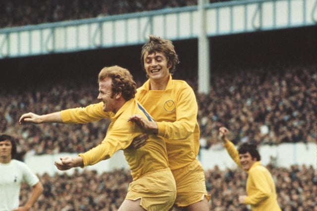 Billy Bremner is congratulated by striker Allan Clarke as Eddie Graycelebrates and and Spurs defender Steve Perryman looks on. Bremner headed in the opening goal during a 3-0 win at White Hart Lane.