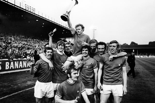 Billy Bremner and his teammates celebrate winning the Inter-Cities Fairs Cup in 1971 after beating Juventus in the final over two legs.