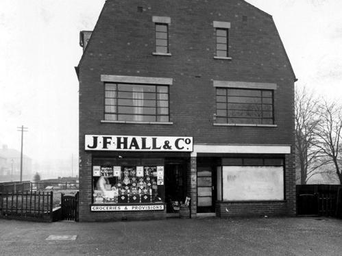 A view shows J.F. Hall & Co. grocers on Foundry Lane, now called Foundry Approach. The shop next door is empty. Harehills Park View is to the left, leading to Coldcotes Avenue and Harehills Park.