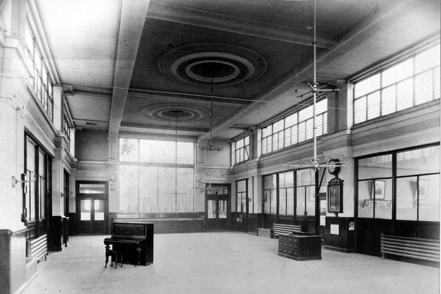 Interior view of the school hall at Harehills Board School located on Roundhay Road.
