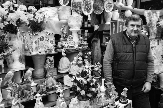 Bill Worsley on his pot stall in the old Wigan market hall in December 1987 just prior to closure of the building.