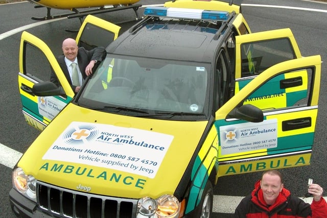 Air Ambulance paramedic Chris Fraser-Clark (right) and Ged Jones (North West Air Ambulance) with the new rapid resonse vehicle at their Blackpool Airport base, in 2009