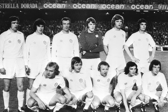 United in the Nou Camp. From left to right, back row, Norman Hunter, Peter Lorimer, Paul Madeley, David Stewart, Gordon McQueen, Joe Jordan. Left to right, front row, Terry Yorath, Allan Clarke, Billy Bremner, Frank Gray and Trevor Cherry.