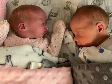 Gill said: "My daughters twins were born 7 weeks early. They had 3 weeks in hospital and came home on VE day which was ironic as its the initials of their names.... Vinnie and Elsie."