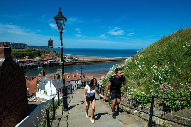 Climbing the 199 steps to Whitby Castle