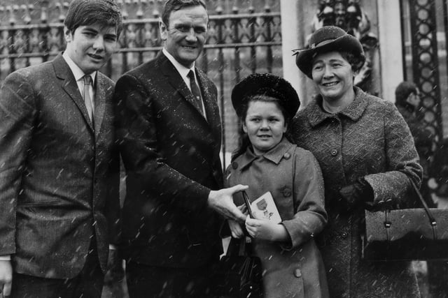 Don Revie with his son Don, daughter Kim and wife Elsie at Buckingham Palace after receiving an OBE.
