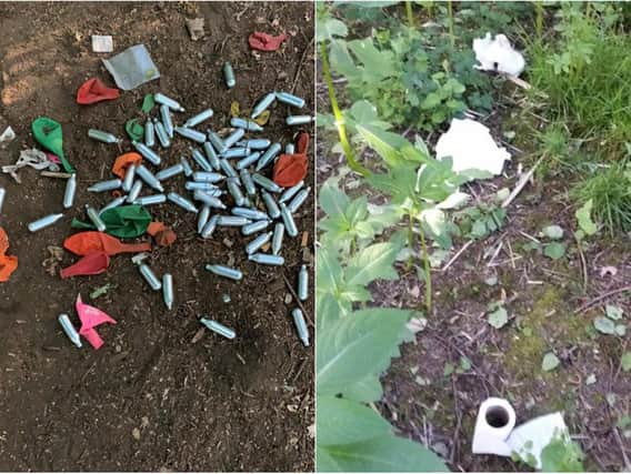 Laughing gas canisters and toilet roll dumped at Kirkstall Valley Nature Reserve.