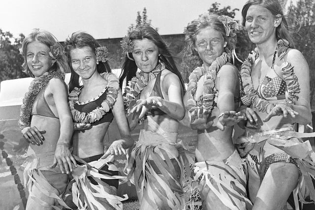 Hawaii Five-O.....Girls from the Treble O Youth Club, Pemberton, perform their Hula dance at Wigan Carnival on  Saturday 7th of June 1975