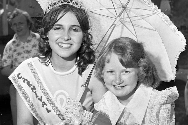 Wigan Carnival Queen, Karen Berritta,left, and Princess, Diane Gray, on parade on Saturday 7th of June 1975