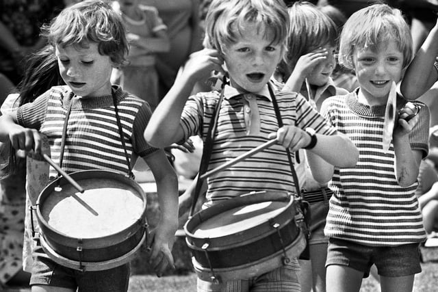 Little drummer boys lead the parade at Wigan Carnival on Saturday 7th of June 1975