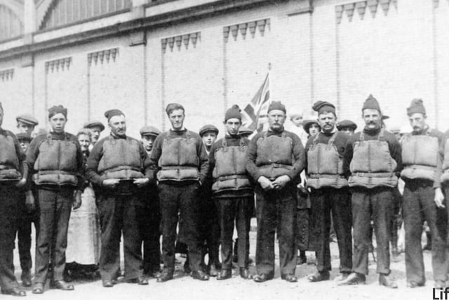 Fleetwood lifeboat crew outside Fleetwood Railway station around 1910. Some of those pictured include James Leadbetter, William Wright, Jeffery Wright and Coxswain John Robert Leadbetter