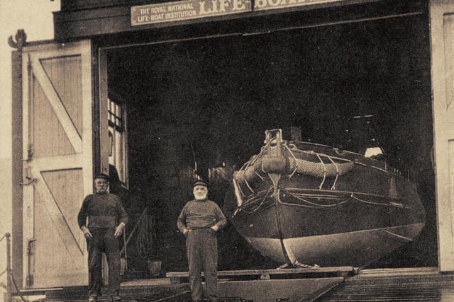 The RNLI used the Fleetwood station for an advertisement around the early 1920s. The Maude Pickup lifeboat can be seend inside the lifeboat house with Coxswain John Robert Leadbetter left.