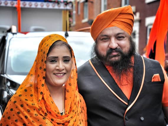 Raj Kaur and Bhubhinder Singh at the Nagar Kirtan Sikh Festival Procession in Preston in 2019