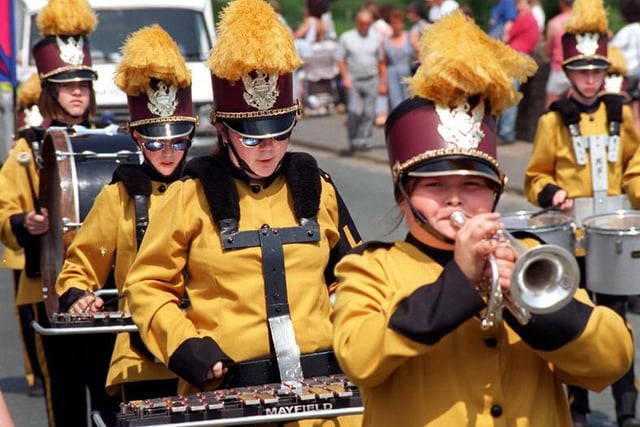 Hot work for Stonehouse Pheonix Band members, marching in Catterall Gala's procession in 1999.