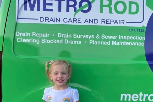 Tara Louise Liptrot sent in a photo of Macie Ann, wearing her rainbow top as Metro Rod vans drove past Wigan hospital during clap for carers