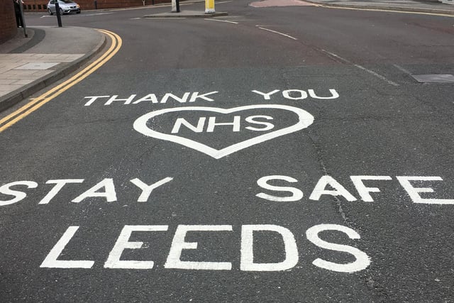 Public appreciation for the NHS has been expressed in a  variety of ways. Here council workers have added markings to the road just outside Leeds Infirmary, to be seen by all passers by and motorists.