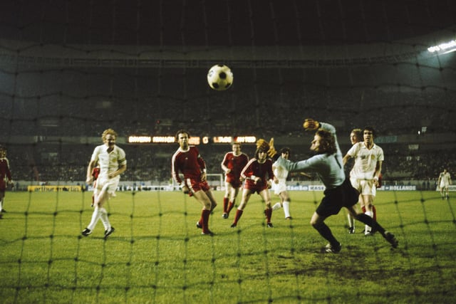 Peter Lorimer (6th left) has a goal disallowed in the 62nd minute of the European Cup Final against Bayern Munich in May 1975 when Billy Bremner was adjudged to be offside.