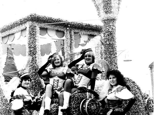 The Lewis's float was decorated with more than 20,000 bows by display staff at the department store. Girls on the float are Kay Milner, Christine Johnson, Lynne Almond and Helen Bentley. Pictured in June 1980.