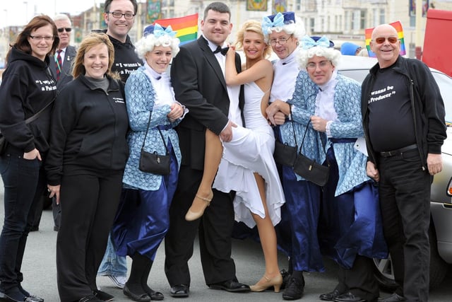Pictured are the cast of 'The Producers' during Pride weekend.