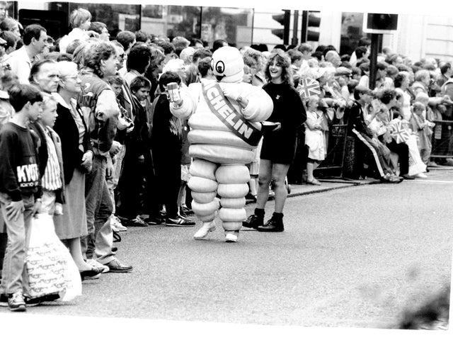 The Michelin Man collecting for charity on The Headrow in June 1987.