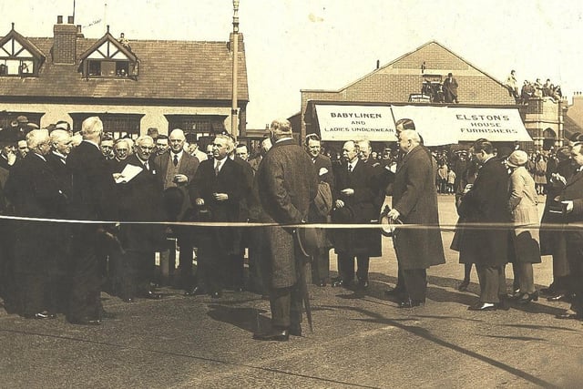 The official opening of Broadway. The ceremony took place at the junction with Poulton Road. The houses in the background are now shops and the furnishings store to right is now Domino's Pizza