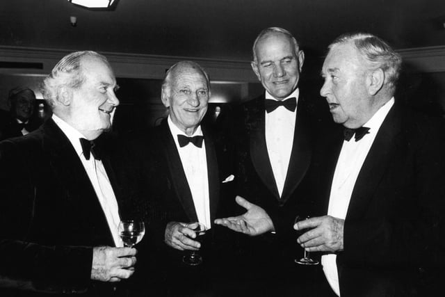 Sir Len Hutton was at the Queens Hotel for a reception in his honour. More than 470 cricketing luminaries attended. Pictured, from left, are Godfrey Evans, Sir Len Hutton, Alec Bedser and Denis Compton.