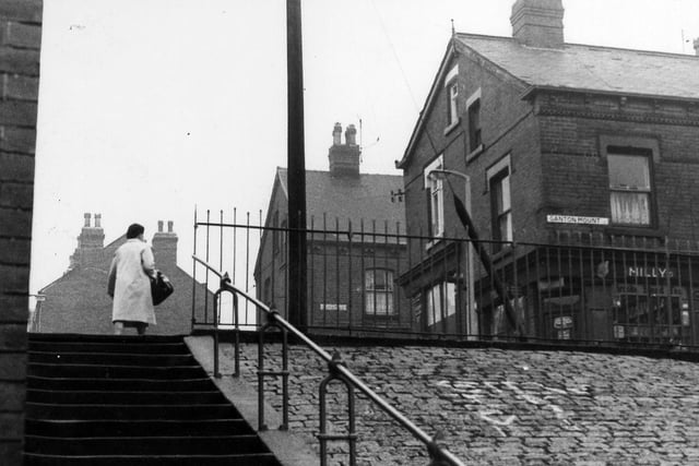 Elm Street in Woodhouse showing a flight of steps which leads up from Ganton View towards Ganton Mount, with Ganton Place beyond. The corner shop on the right is Milly's at no.1 Ganton Mount.