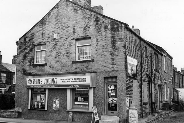 Calverley's Carr Road showing the junction with Salisbury Street on the left. In the centre is the shop of A.K. Patel, a newsagents, tobacconists, grocer and confectioner which is numbered at 42-43 Salisbury Street.