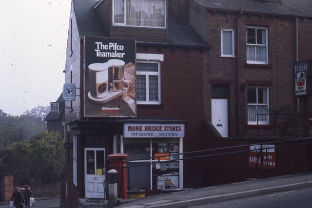Monk Bridge Stores in Meanwood, an off licence and grocers at the junction of Monk Bridge Road (foreground) and Brookfield Street (left), addressed as no. 38 Monk Bridge Road.