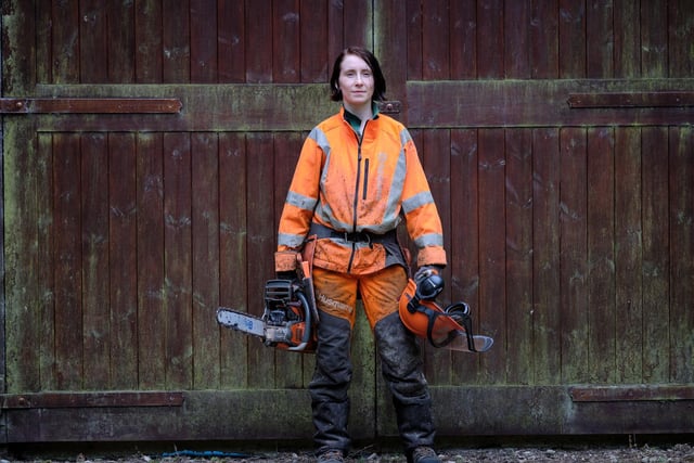 Craftsperson forester Isobel Wilson during a break in a morning of tree felling