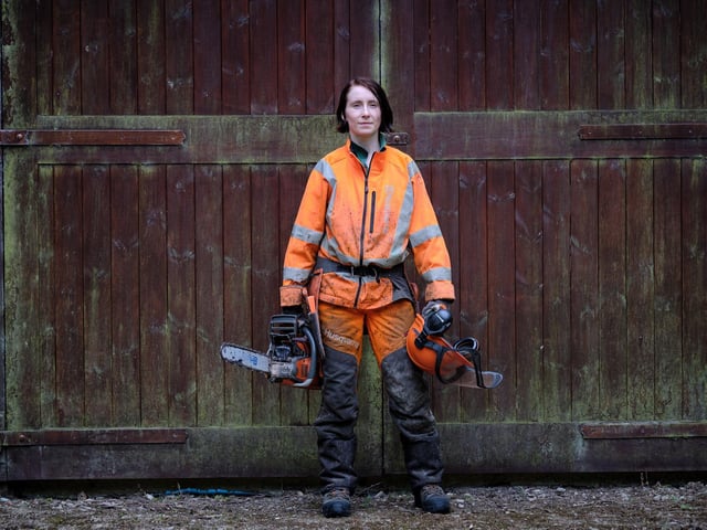 Craftsperson forester Isobel Wilson during a break in a morning of tree felling