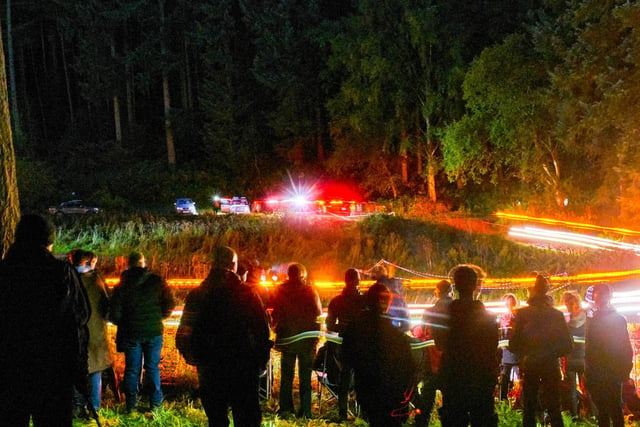 A night-time rally stage in Dalby Forest
