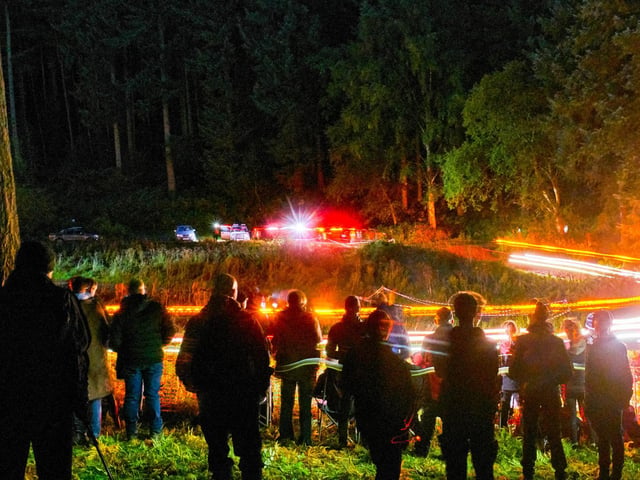 A night-time rally stage in Dalby Forest